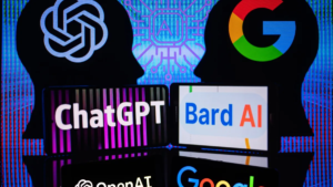 Telas de celulares com logotipos de inteligência artificial ilustrando os vetores tecnológicos da desinformação audiovisual.