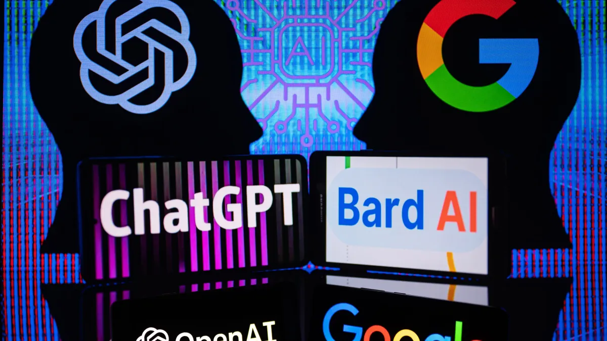 Telas de celulares com logotipos de inteligência artificial ilustrando os vetores tecnológicos da desinformação audiovisual.