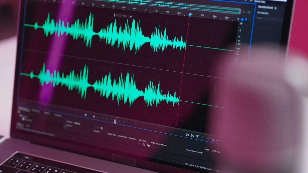 Ondas sonoras na tela de um software de edição ilustrando a análise pericial de um áudio adulterado ou recortado.