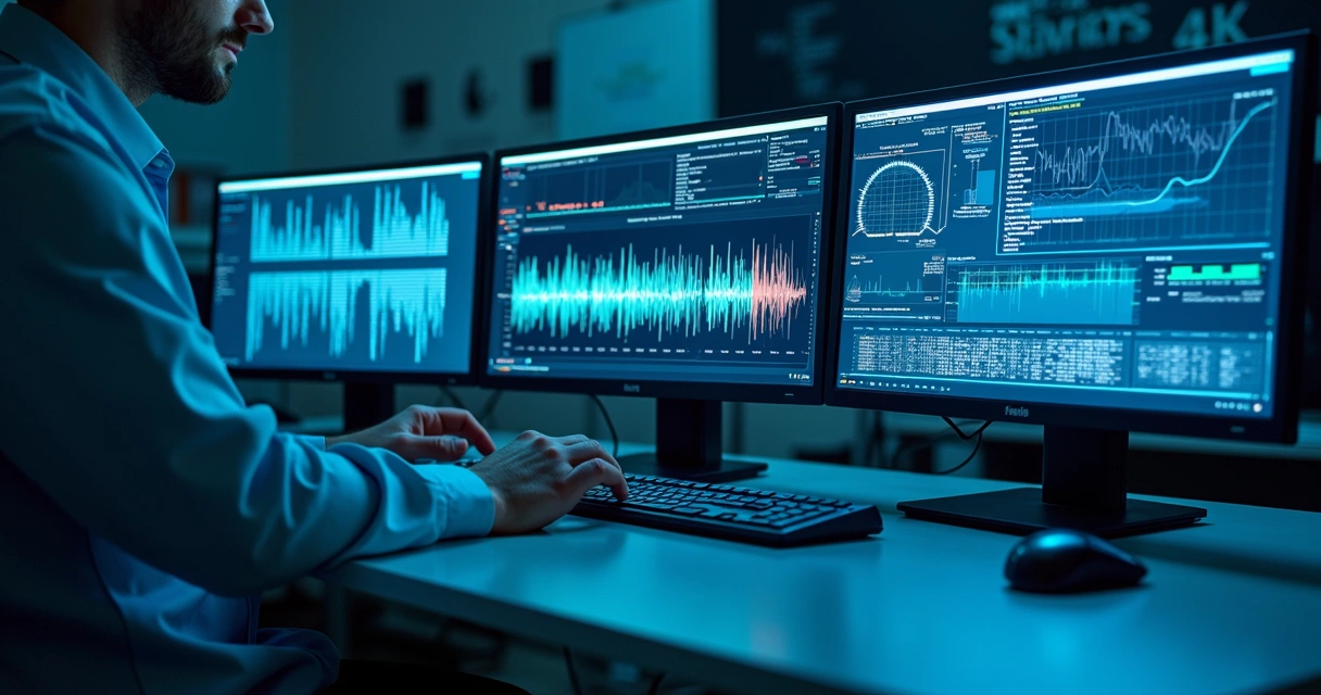 Perito forense analisando ondas sonoras em múltiplos monitores durante o procedimento de perícia em áudio adulterado.