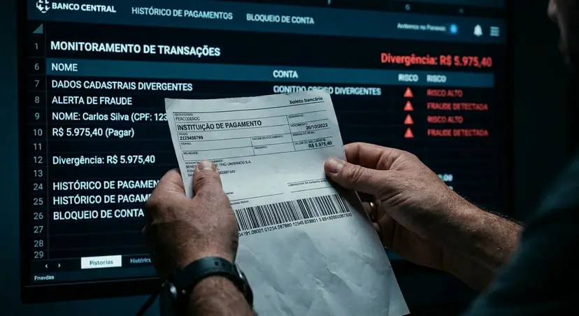 Tela de monitoramento financeiro e documento impresso ilustrando a análise de dados no golpe do boleto falso.