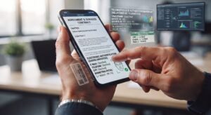 Um especialista em perícia digital da Alves Amorim, com óculos e terno, focado em um notebook. A tela do notebook exibe um infográfico complexo e detalhado sobre a validação de um contrato bancário eletrônico, mapeando o fluxo de contratação com marcadores como biometria facial, dados do dispositivo, endereço IP e logs de auditoria. No notebook, lê-se "ANÁLISE DE CONTRATO BANCÁRIO ELETRÔNICO" e "TEMA 1.061 STJ - ÔNUS DA PROVA". O fundo é um escritório de perícia de alta tecnologia com servidores.