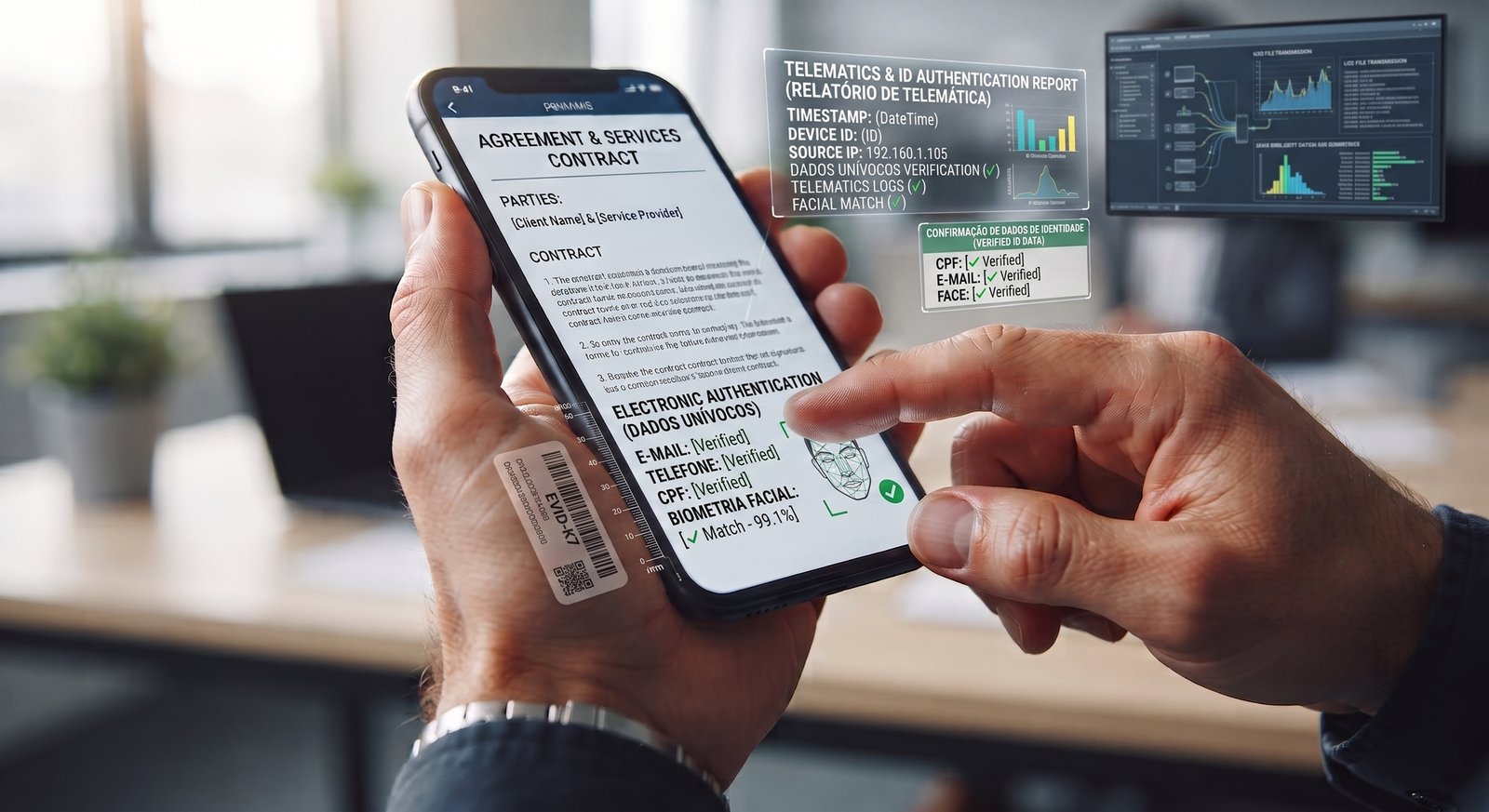 Um especialista em perícia digital da Alves Amorim, com óculos e terno, focado em um notebook. A tela do notebook exibe um infográfico complexo e detalhado sobre a validação de um contrato bancário eletrônico, mapeando o fluxo de contratação com marcadores como biometria facial, dados do dispositivo, endereço IP e logs de auditoria. No notebook, lê-se "ANÁLISE DE CONTRATO BANCÁRIO ELETRÔNICO" e "TEMA 1.061 STJ - ÔNUS DA PROVA". O fundo é um escritório de perícia de alta tecnologia com servidores.