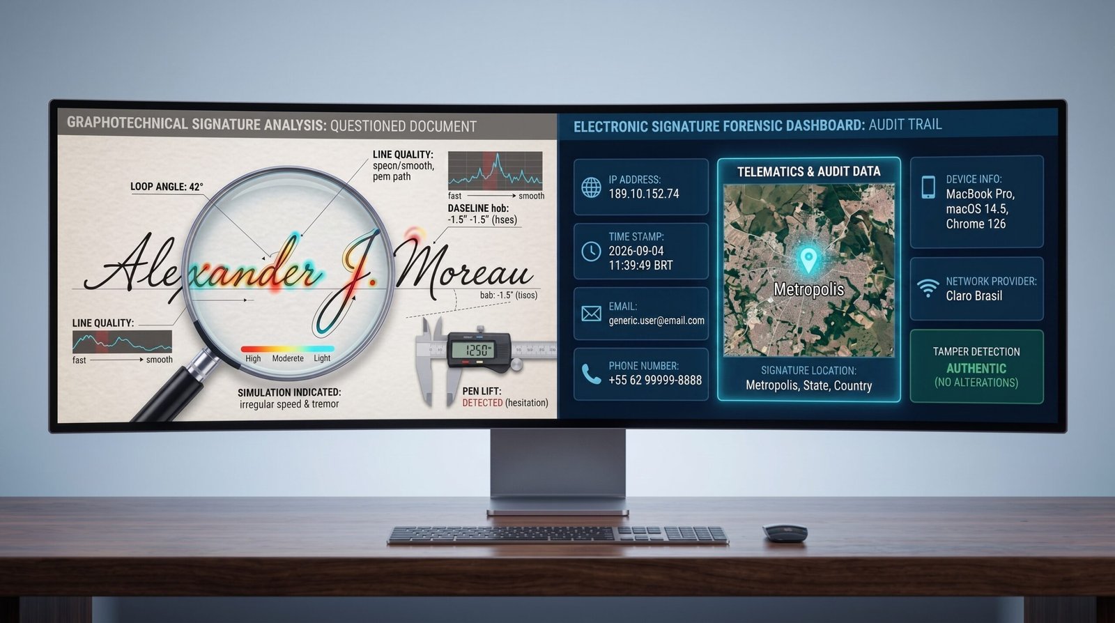 Monitor exibindo análise grafotécnica de assinatura manuscrita de um lado e dados de forense digital do outro.
