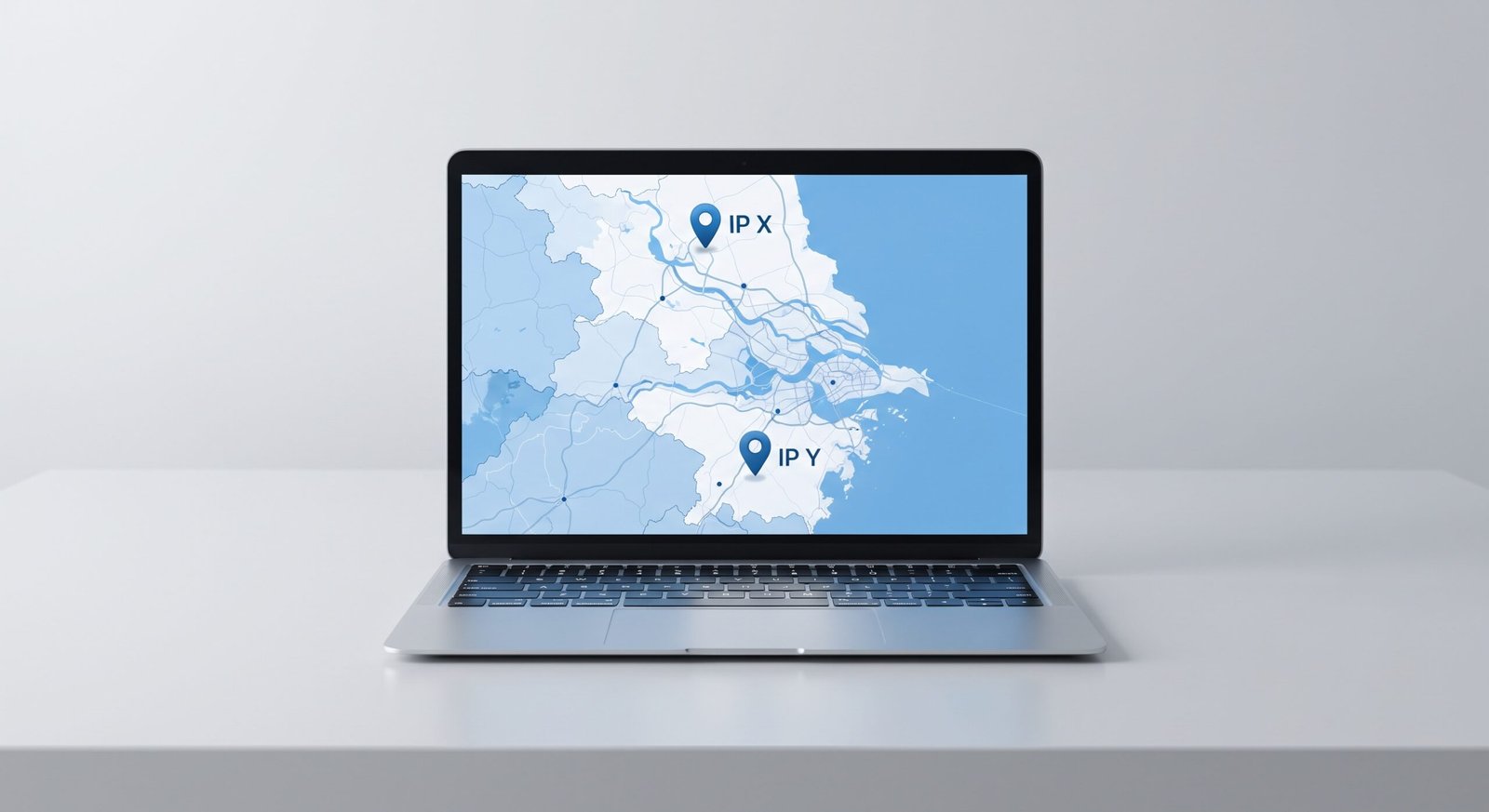 Laptop exibindo um mapa com dois pinos ('IP X', 'IP Y'), caixas de dados geográficos e uma tabela comparativa.