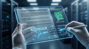Assinatura eletrônica sem ICP-Brasil: análise pericial em tablet transparente exibindo contrato digital e validação técnica de evidências como IP, GPS e OTP SMS.