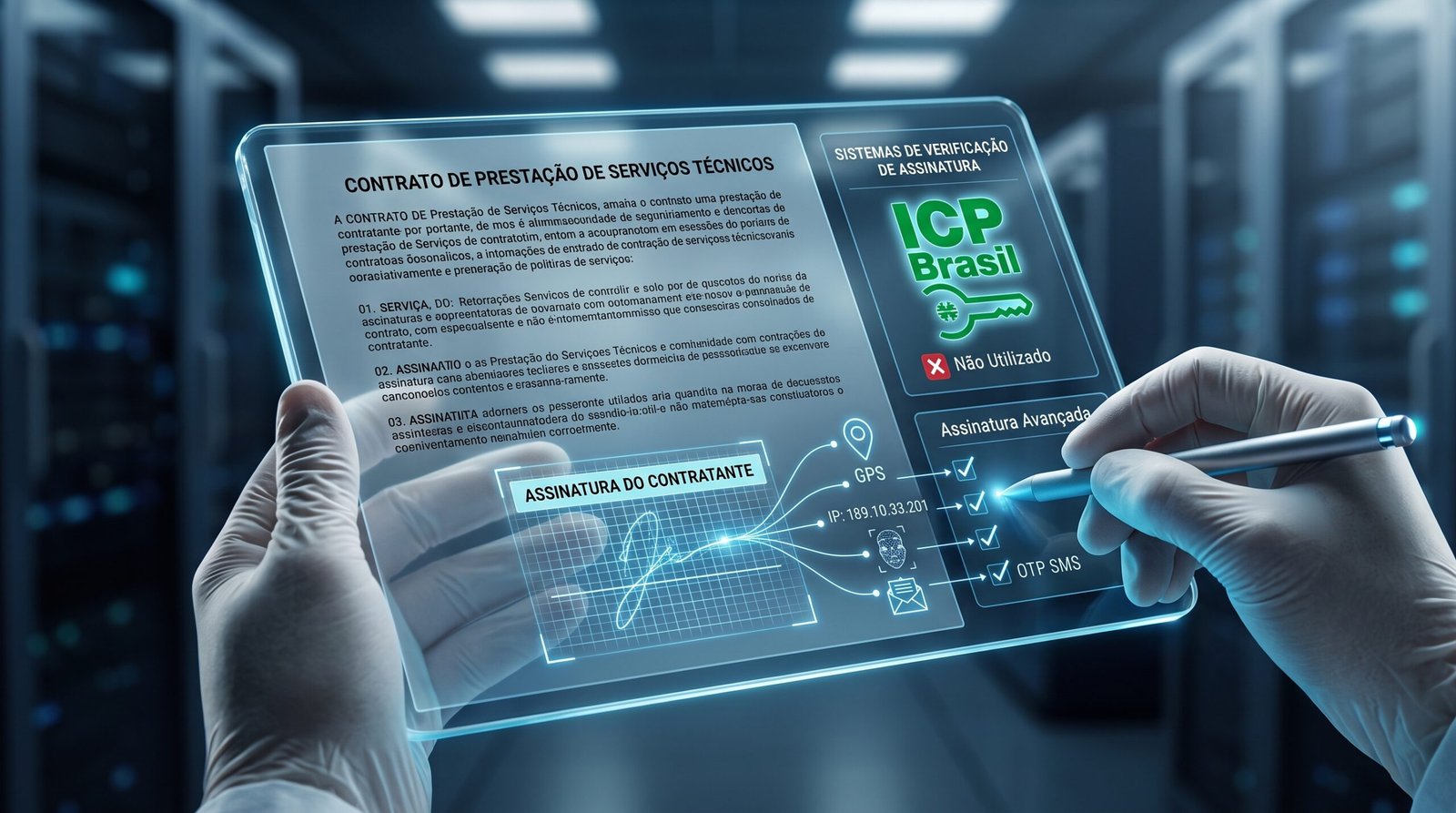 Assinatura eletrônica sem ICP-Brasil: análise pericial em tablet transparente exibindo contrato digital e validação técnica de evidências como IP, GPS e OTP SMS.
